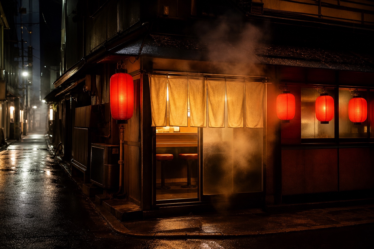 赤提灯の灯る深夜の麺処炎路の店構え