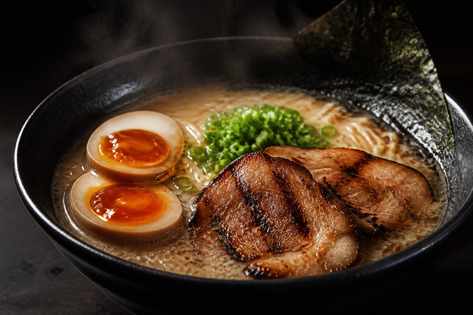 湯気の立ちのぼる麺処炎路の濃厚らーめん。味玉と炙りチャーシュー、刻みねぎ