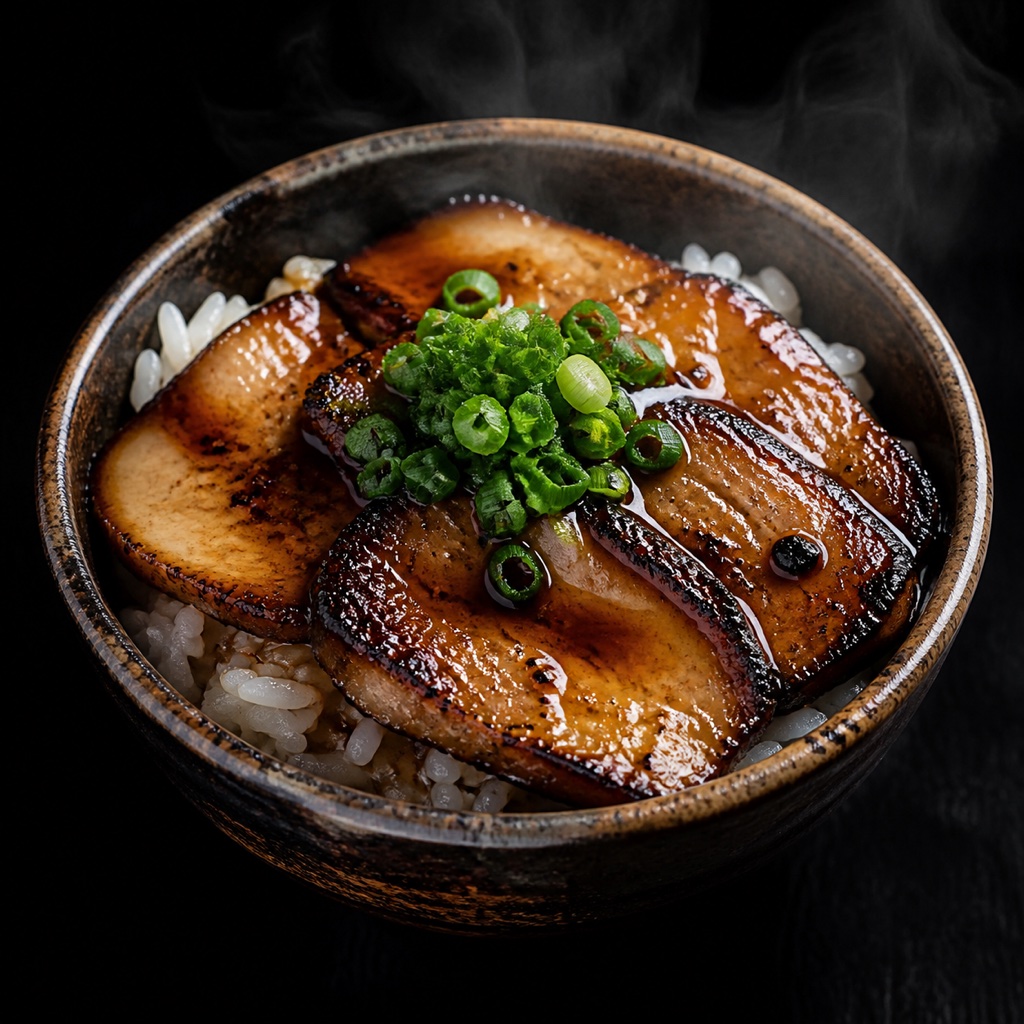 炙りチャーシューを重ねてタレをかけた焼豚丼
