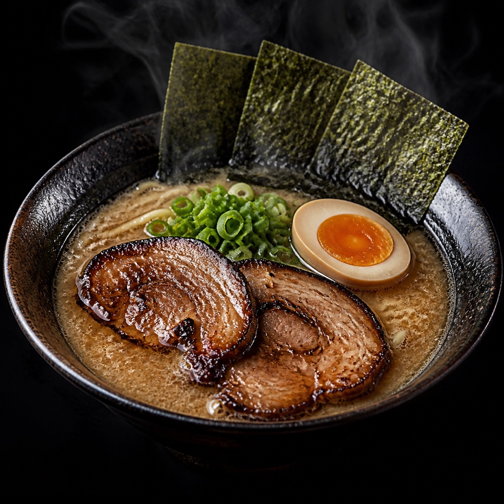 炙りチャーシュー二枚と味玉、海苔三枚の特製らーめん