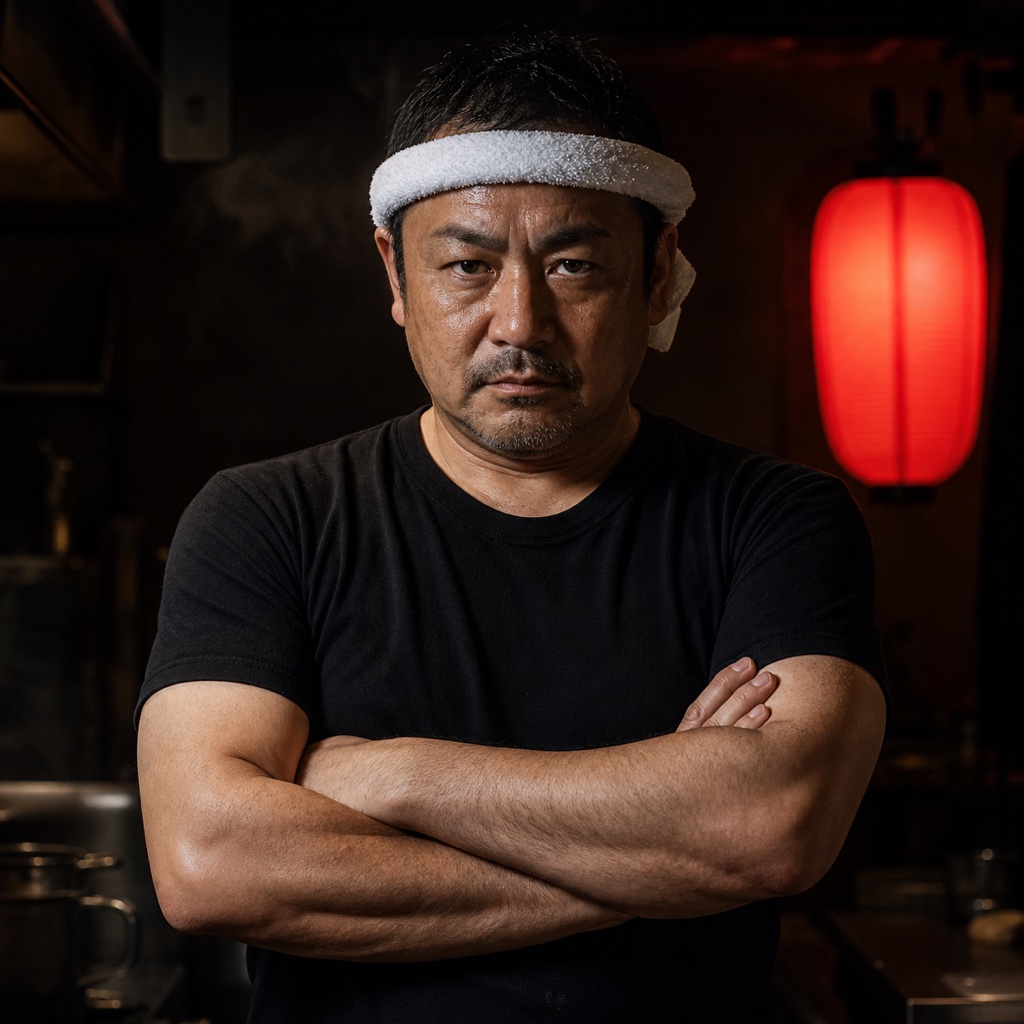 タオル鉢巻に黒Tシャツで腕組みする麺処炎路の店主(AI生成の架空人物)